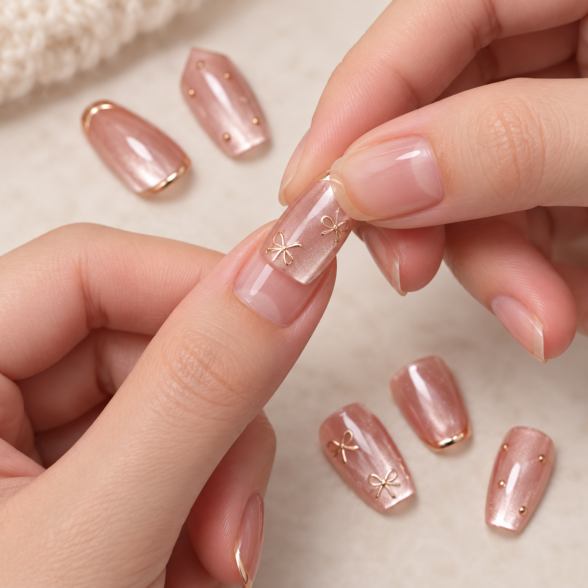 Luminous Bow Cat Eye French Press On Nail Set