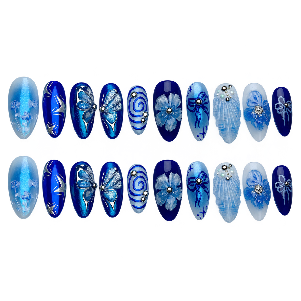 Deep Blue Floral Butterfly Pearl Press On Nail Set