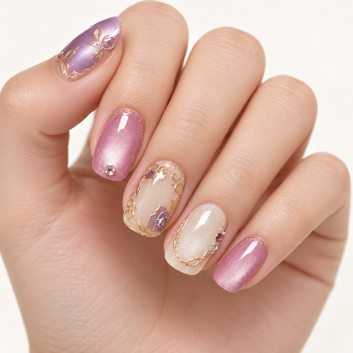 Moonlit Purple Gilded Floral Cat Eye Press On Nail Set