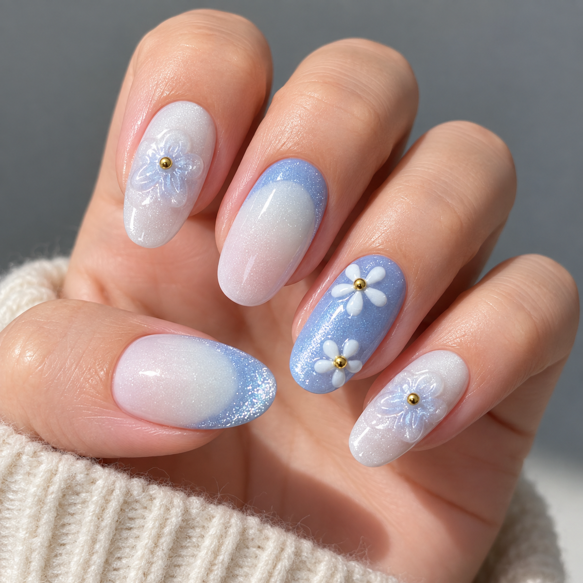 Romantic Flower Sea Icy Blue Cat Eye Press On Nail Set