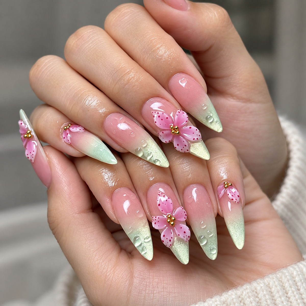 Matcha Cat Eye Carved Lily Press On Nail Set