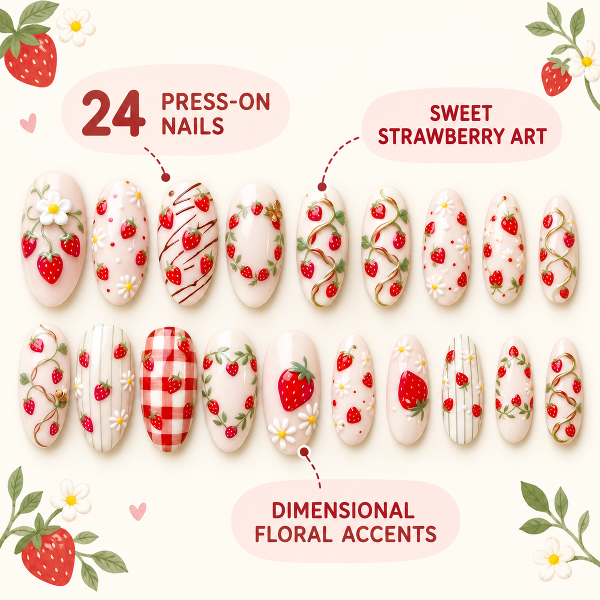 Strawberry Garden Floral Press On Nail Set