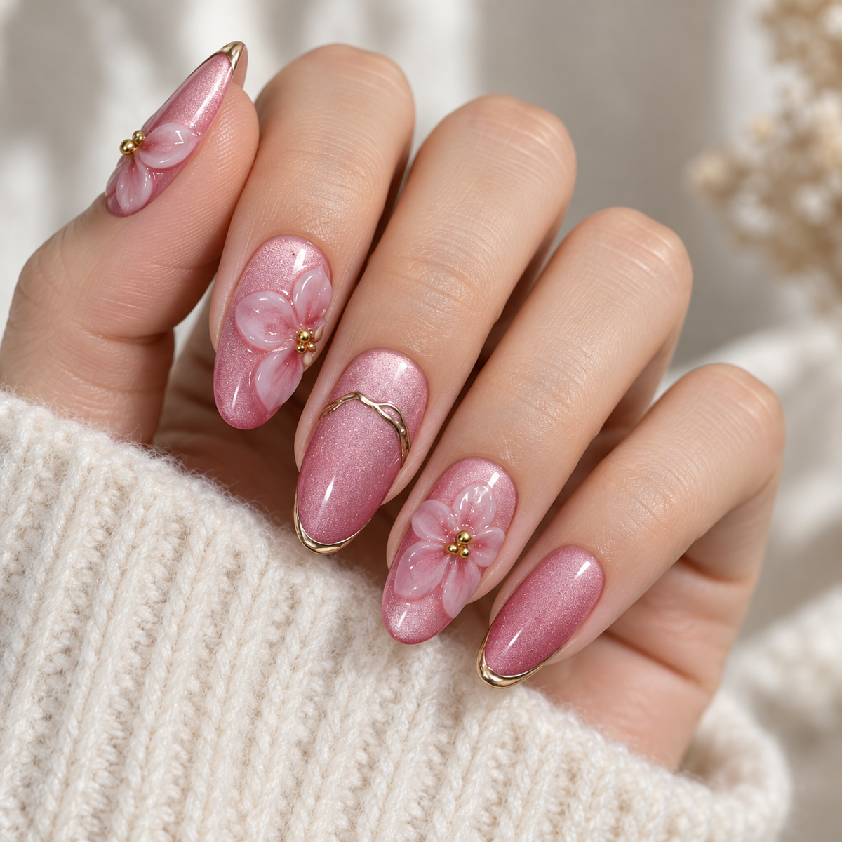 Pink Purple Gilded Floral Cat Eye Press On Nail Set