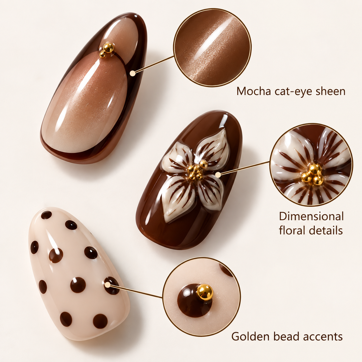 Mocha Cream Floral Gold Bead Press On Nail Set