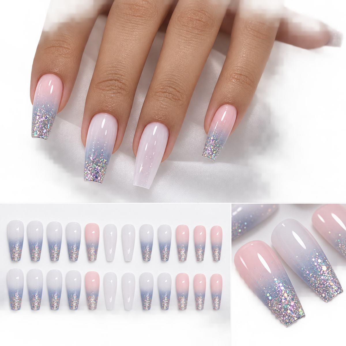 Blue Pink Gradient Glitter Ballerina Press On Nail Set