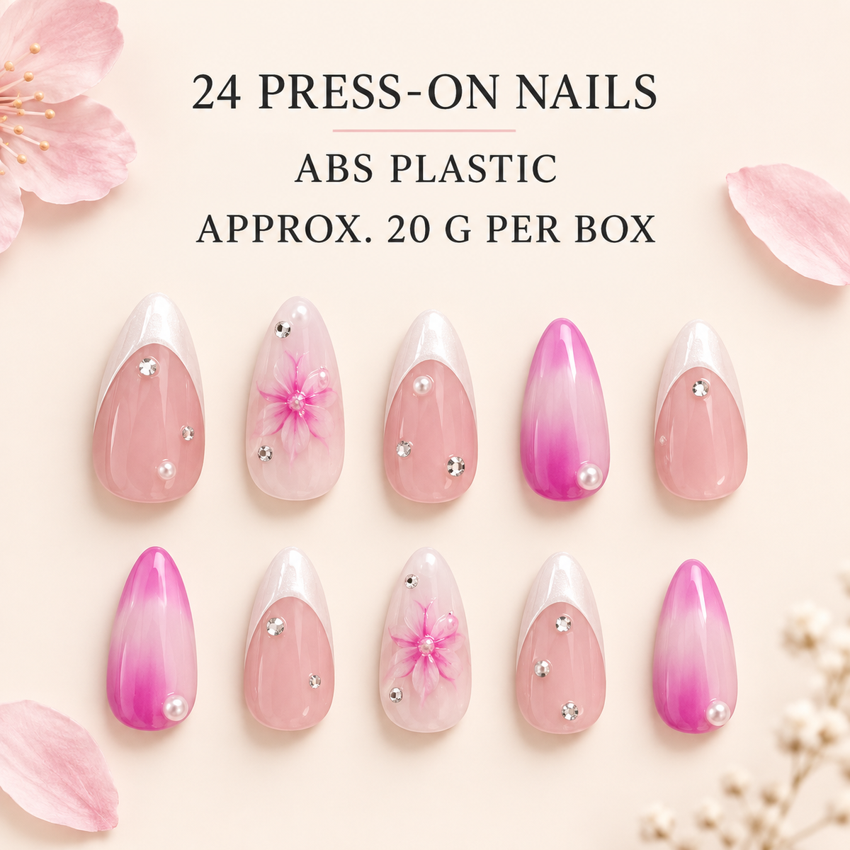 Pink Purple Ice Flower Pearl French Press On Nail Set