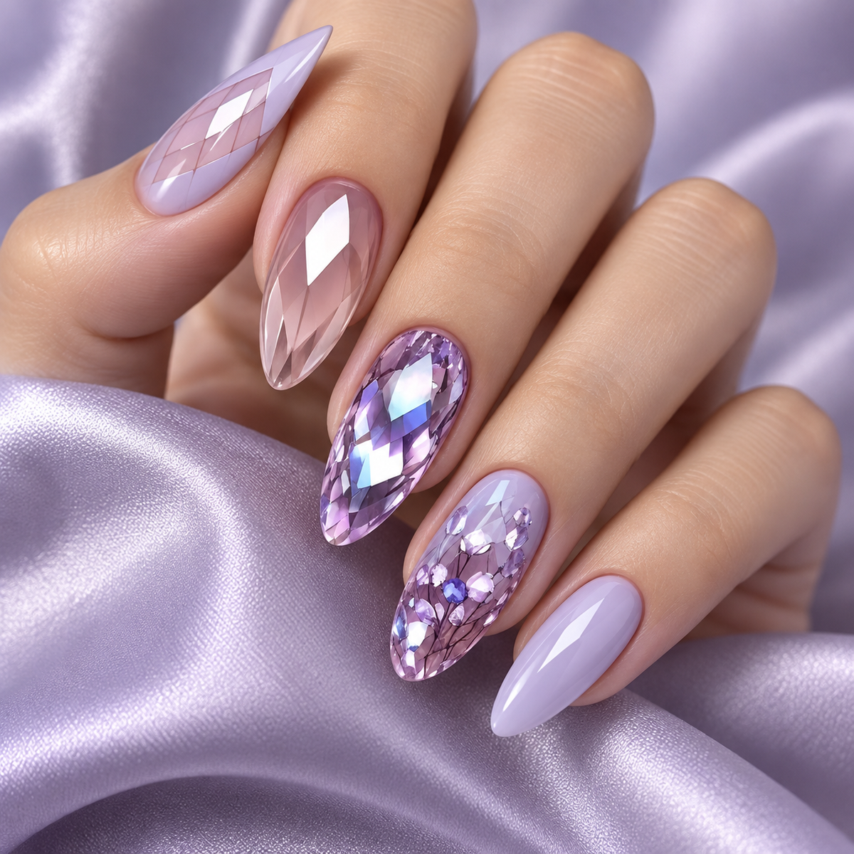 Lavender Crystal Irregular Long Press On Nail Set