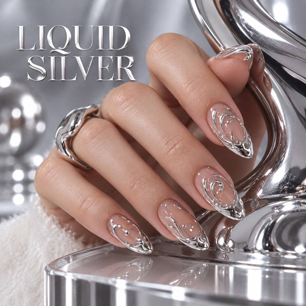 Liquid Silver Sculpted Press On Nails - image 3