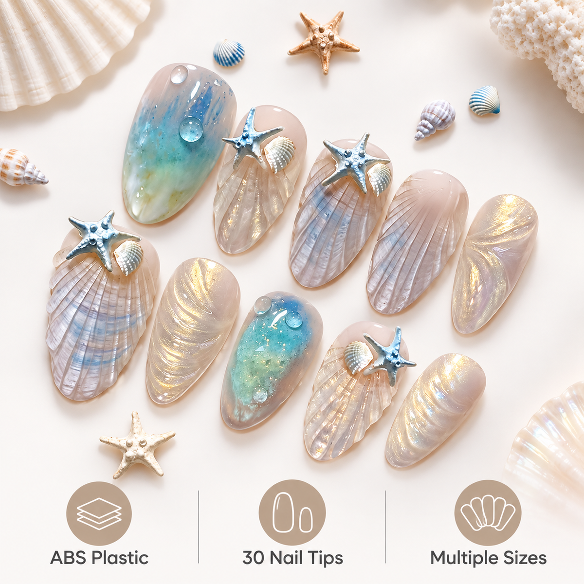Beach Shell Starfish Cat Eye Press On Nails - image 7