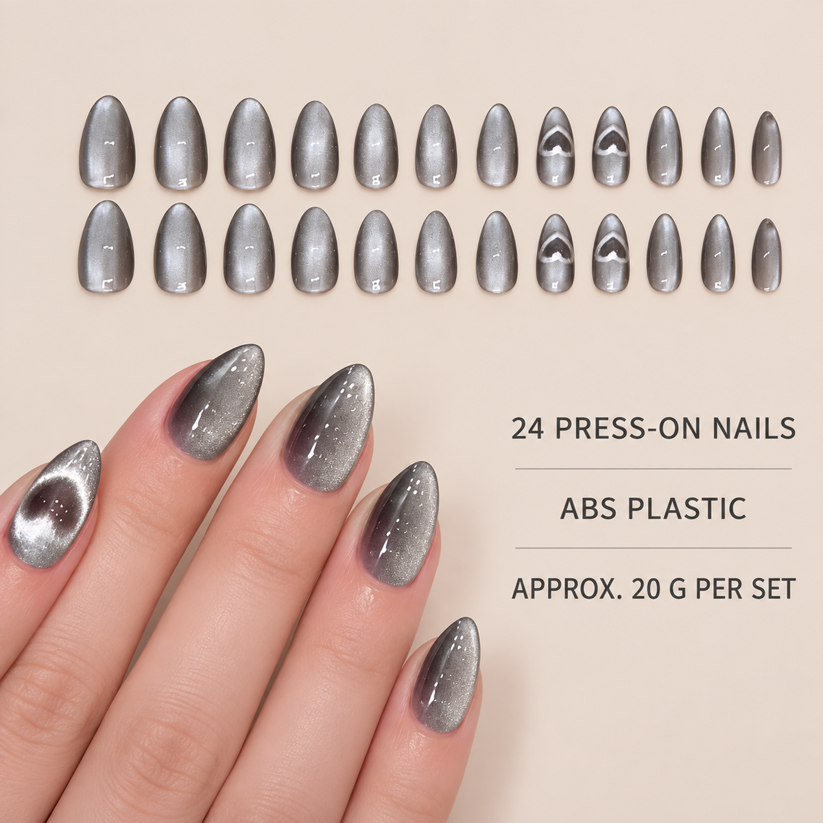 Heart Glow Cat Eye Almond Press On Nail Set