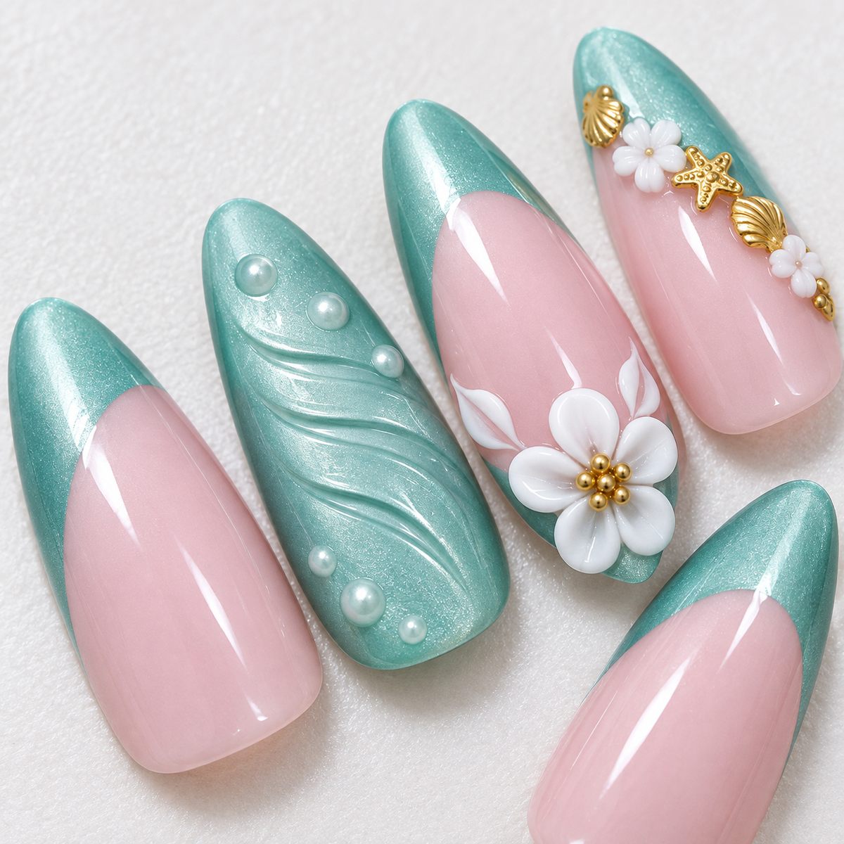 Misty Forest Green Seashell Floral Cat Eye Press On Nail Set · mproduct-83797df4c7f7bc016963