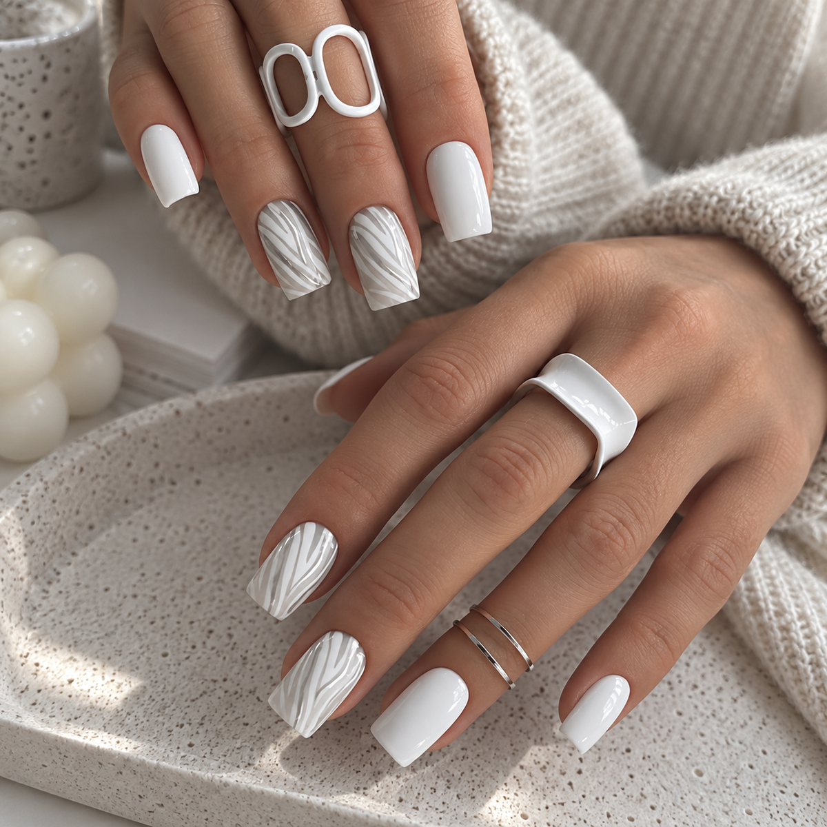 Gray White Woodgrain Hills Press On Nail Set