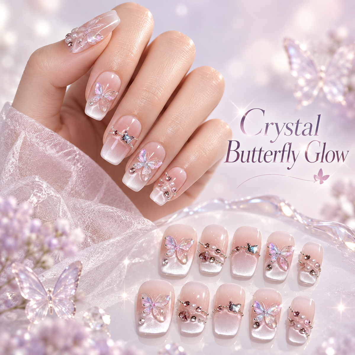 Ice Crystal Butterfly Cat Eye Press On Nail Set