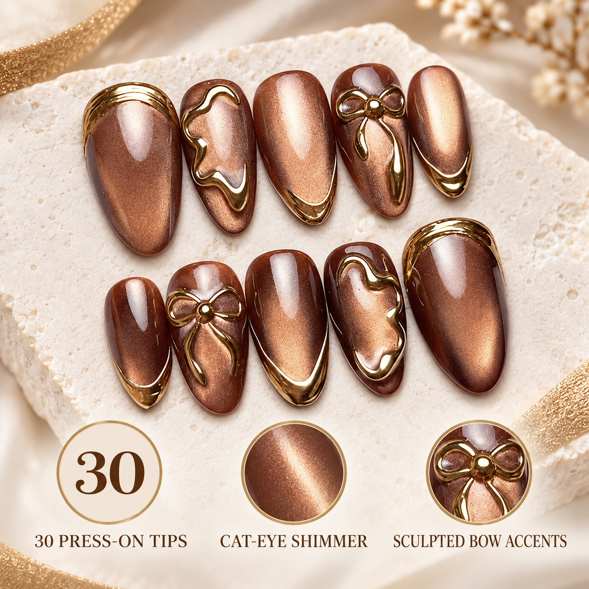 Gilded Mirage Cat Eye Bow Press On Nail Set