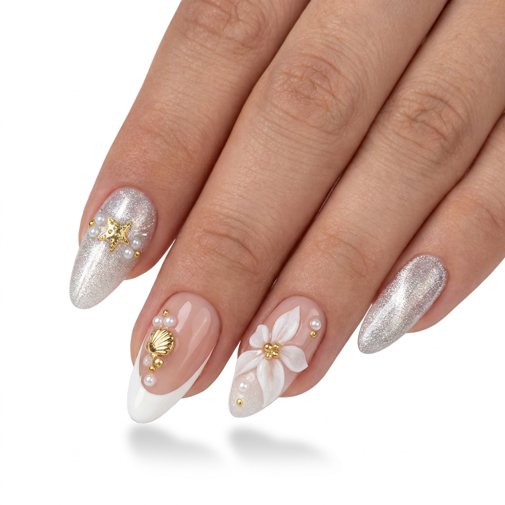 Ocean Wave Floral Shell Press On Nails - replacement image 1
