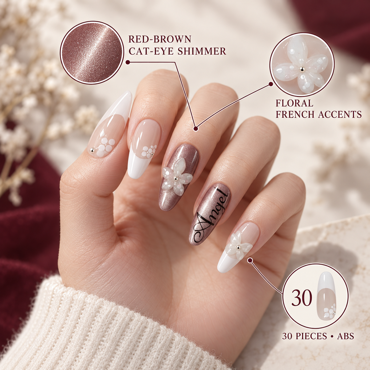 Red Brown Floral Cat Eye Press On Nail Set
