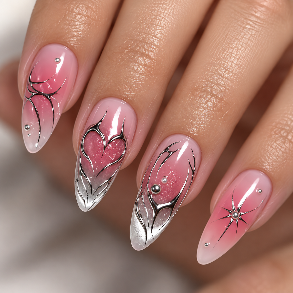 Blush Pearl Metallic Heart Press On Nail Set image 4