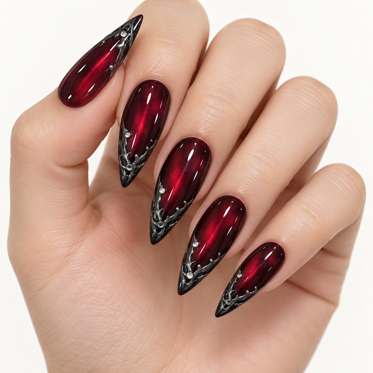 Burgundy Cat Eye Thorn French Press On Nail Set