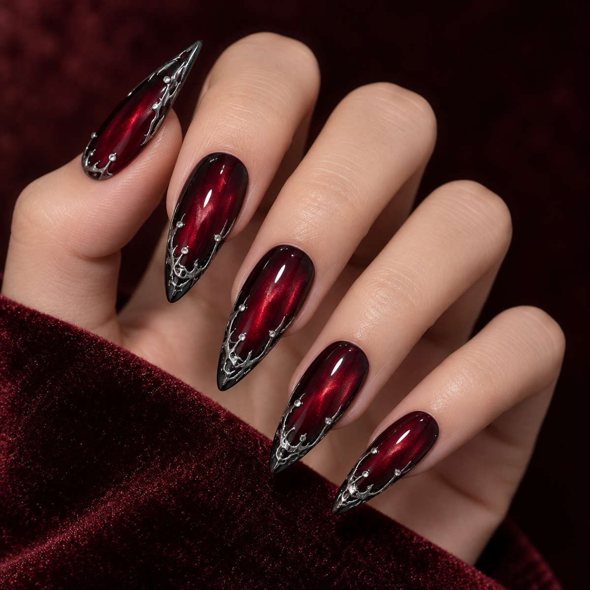 Burgundy Cat Eye Thorn French Press On Nail Set