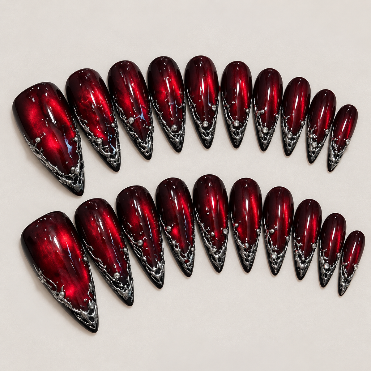 Burgundy Cat Eye Thorn French Press On Nail Set