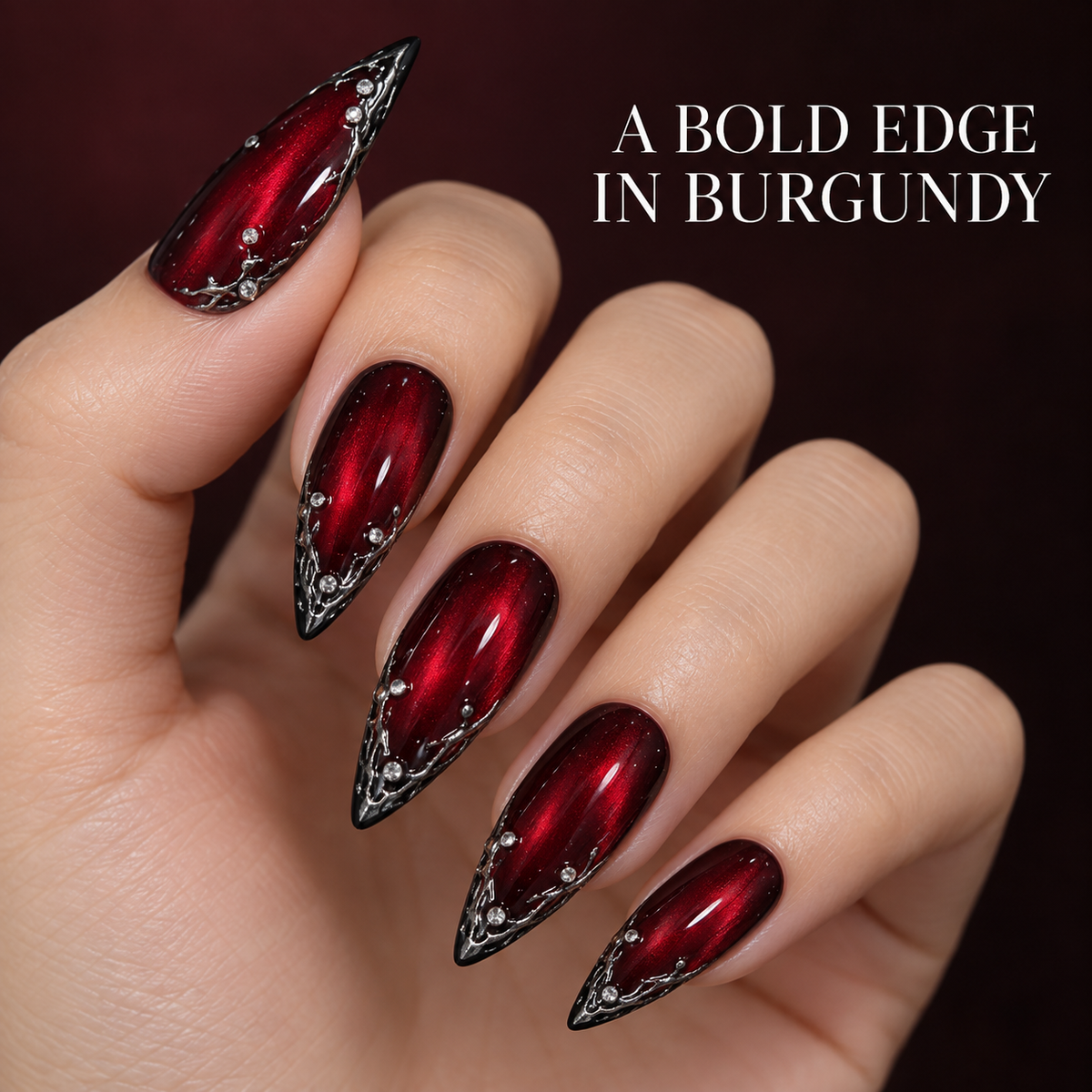 Burgundy Cat Eye Thorn French Press On Nail Set