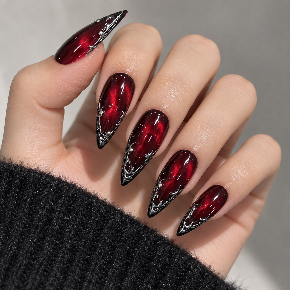 Burgundy Cat Eye Thorn French Press On Nail Set