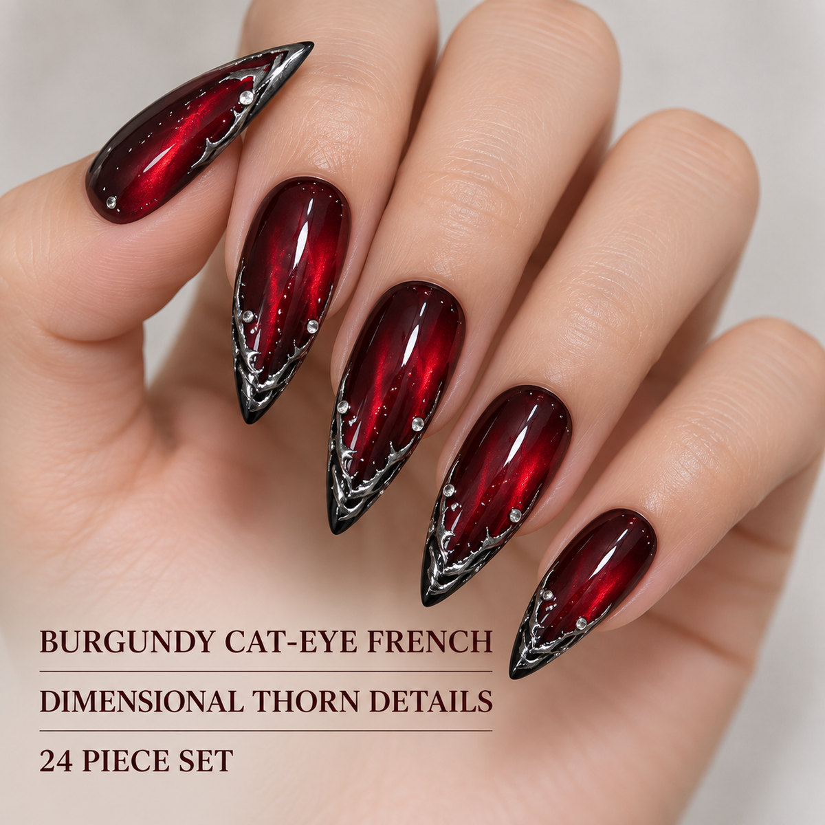 Burgundy Cat Eye Thorn French Press On Nail Set