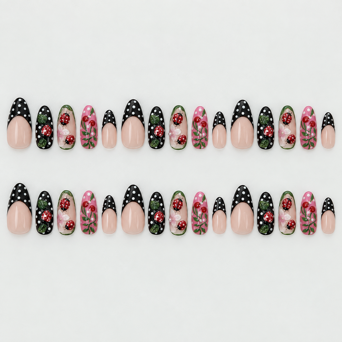 Polka Dot Ladybug Floral Press On Nail Set