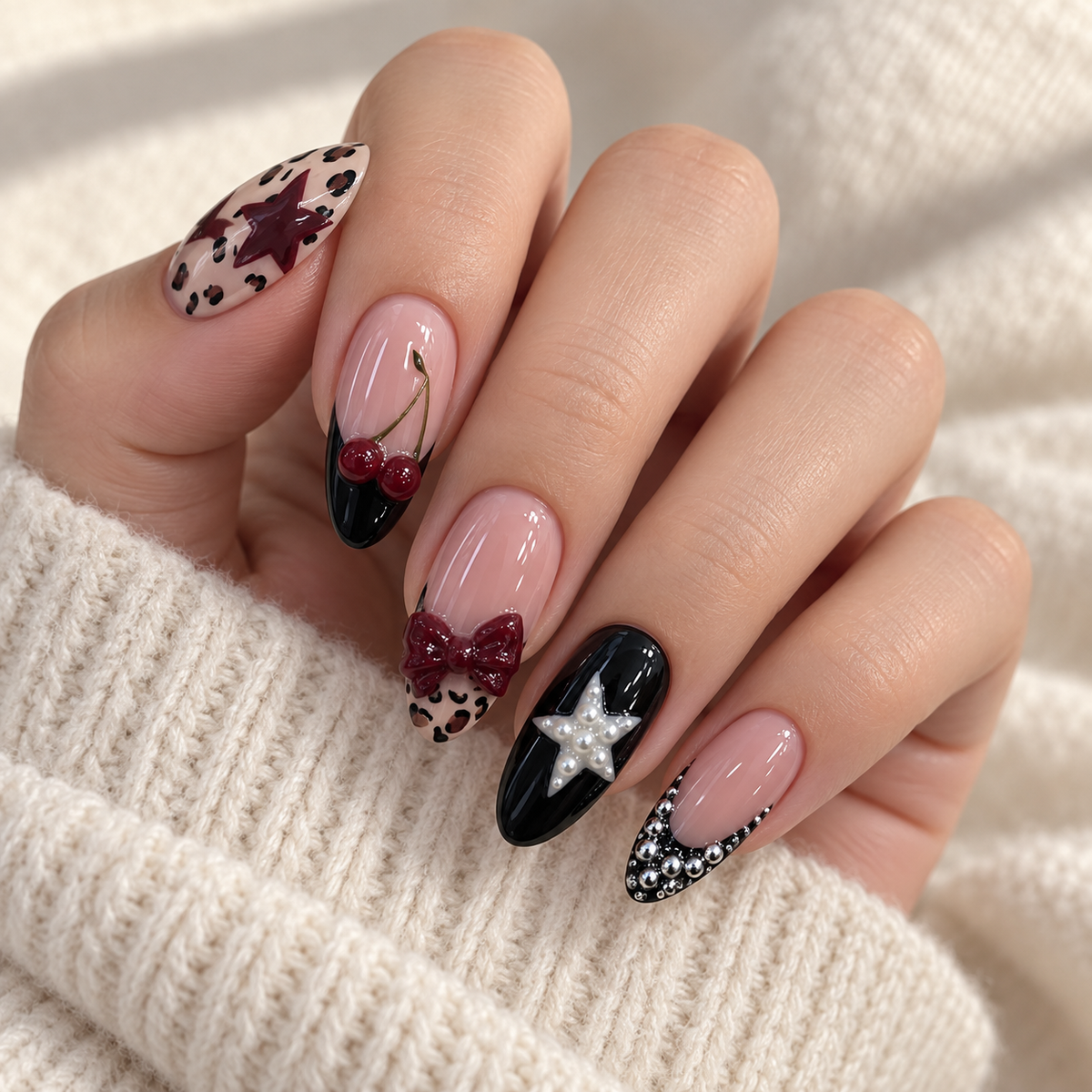 Summer Cherry Pearl Starlight Press On Nail Set