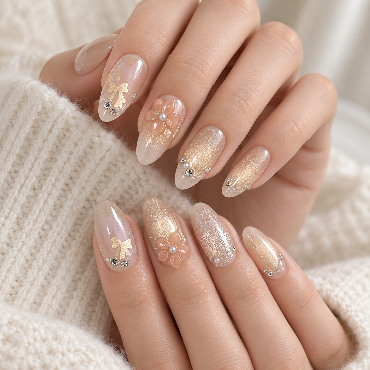 Gardenia Pearl Diamond Cat Eye Press On Nail Set
