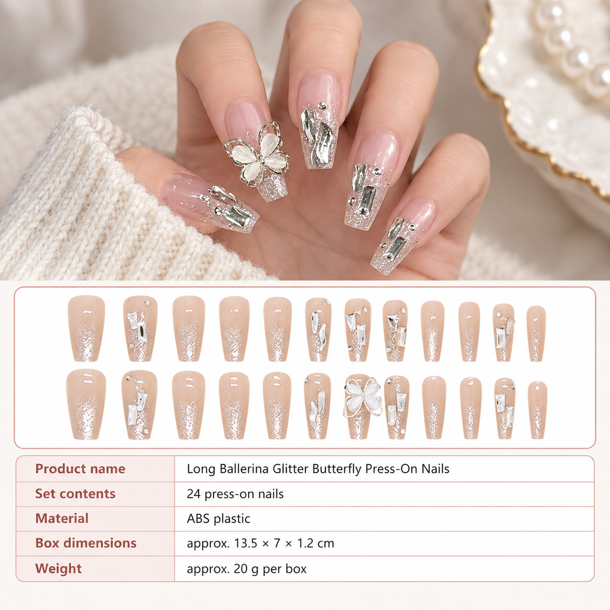 Rotating Butterfly Glitter Ballet Press On Nail Set