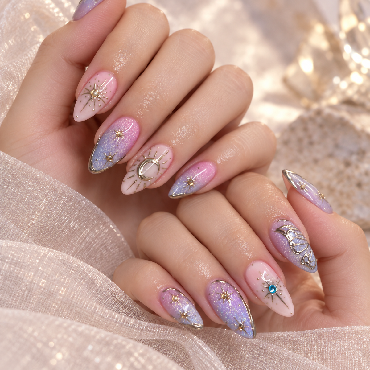 Misty Violet Celestial Gilded Cat Eye Press On Nail Set