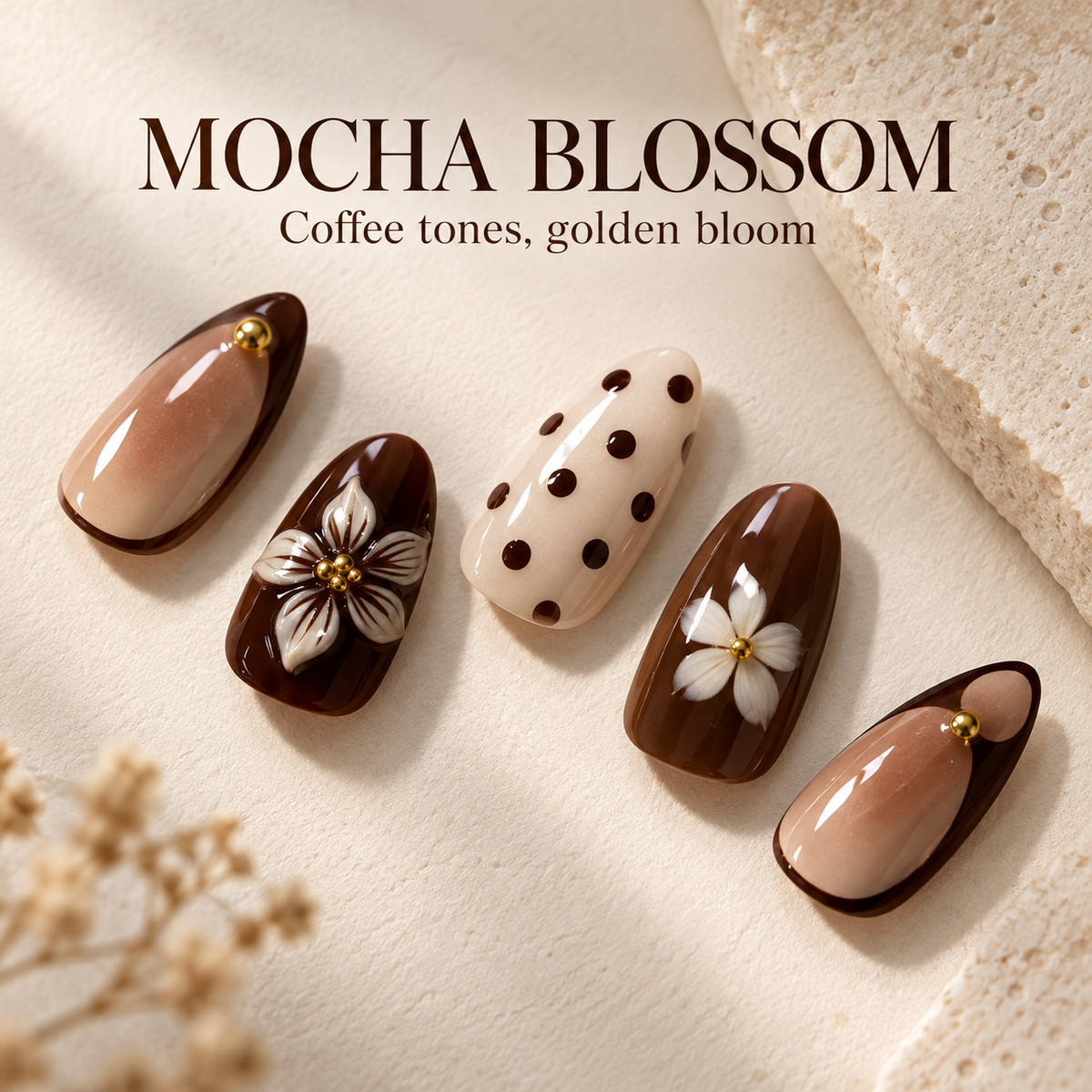 Mocha Cream Floral Gold Bead Press On Nail Set