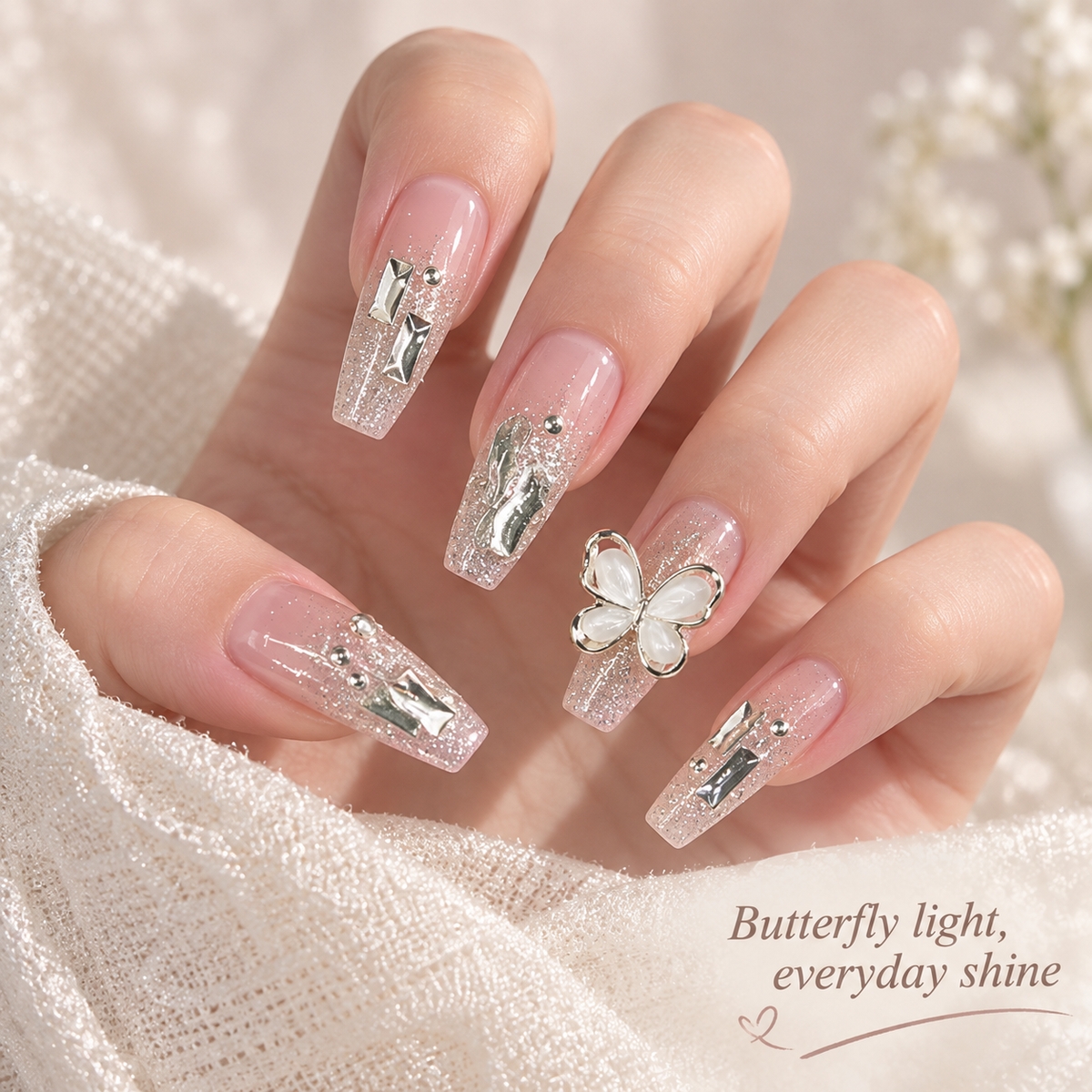 Rotating Butterfly Glitter Ballet Press On Nail Set