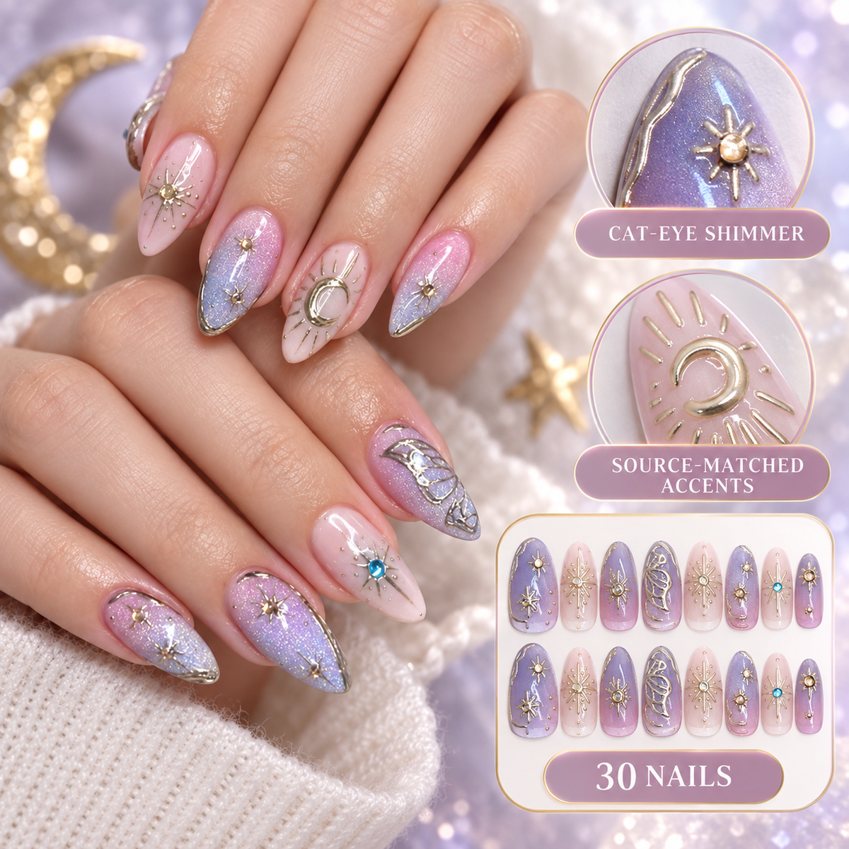 Misty Violet Celestial Gilded Cat Eye Press On Nail Set