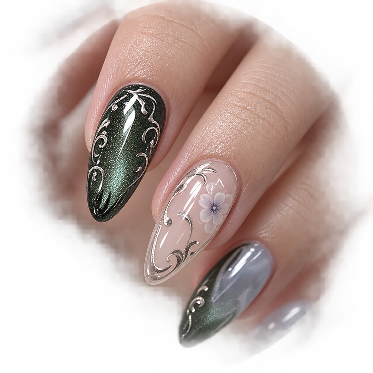 Olive Green Peach Tea Cat Eye Press On Nail Set