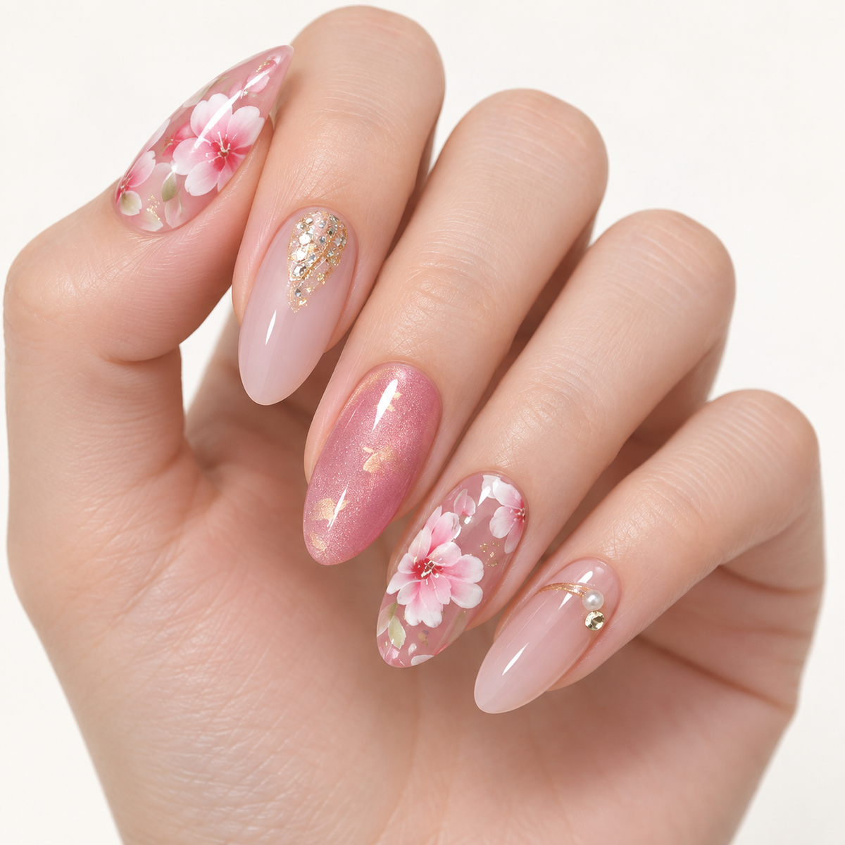 Peach Blossom Cat Eye Rhinestone Press On Nail Set