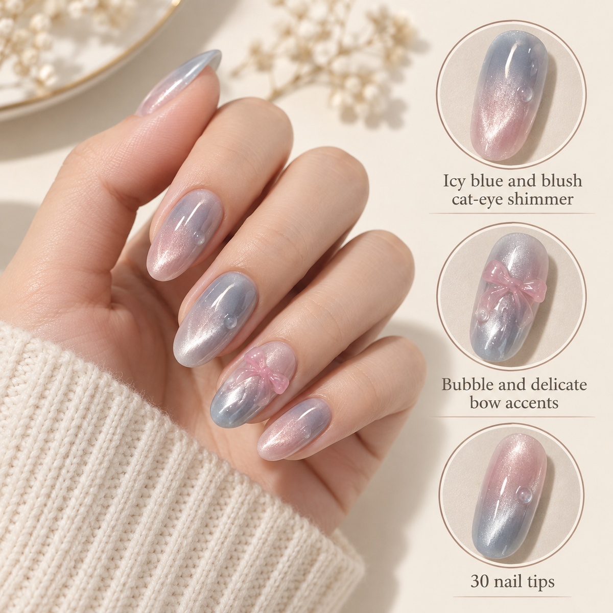 Icy Blue Cat Eye Bubble Bow Press On Nail Set