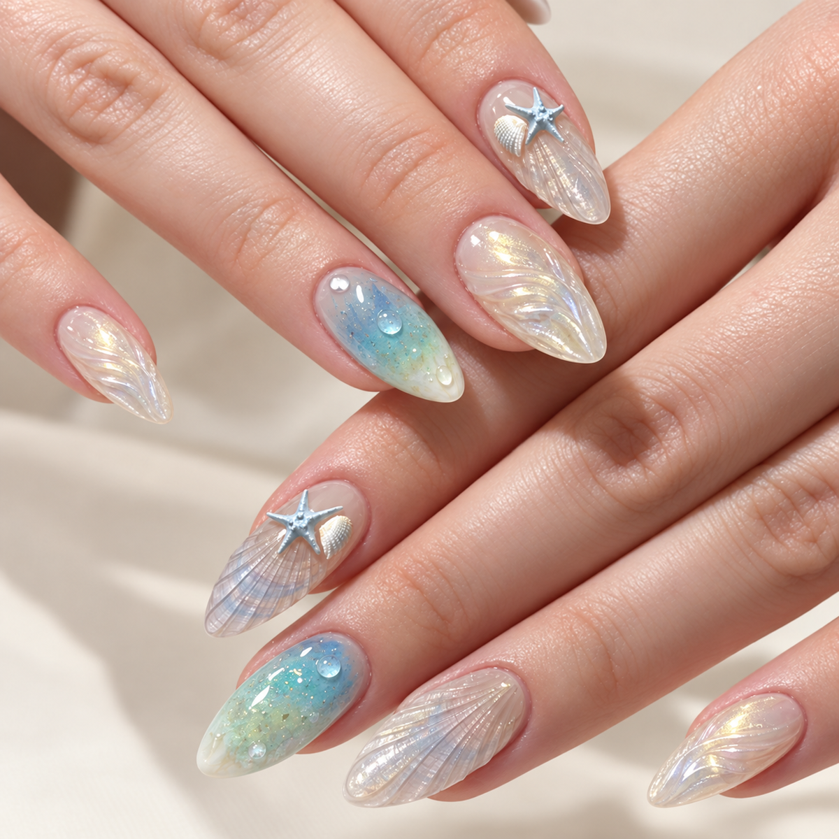 Beach Shell Starfish Cat Eye Press On Nails - image 1