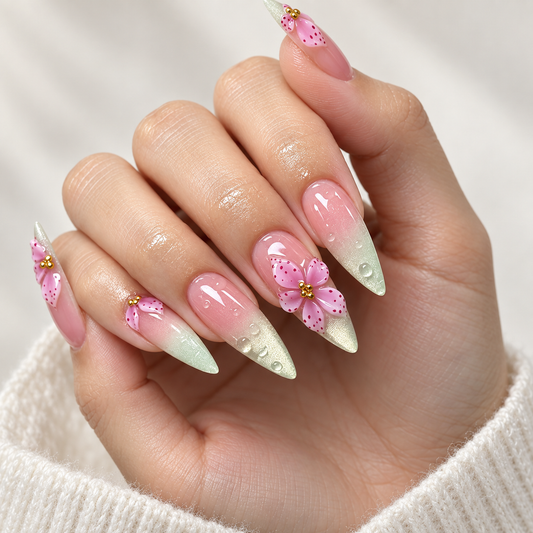 Matcha Cat Eye Carved Lily Press On Nail Set