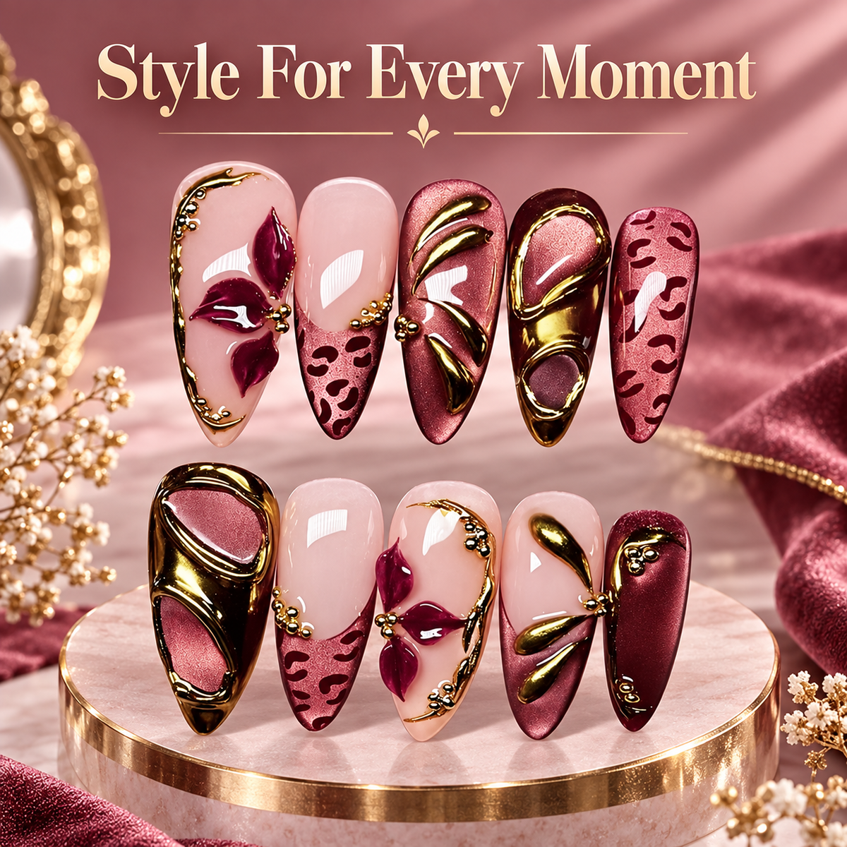 Vintage Leopard Floral Cat Eye Press On Nails - image 5