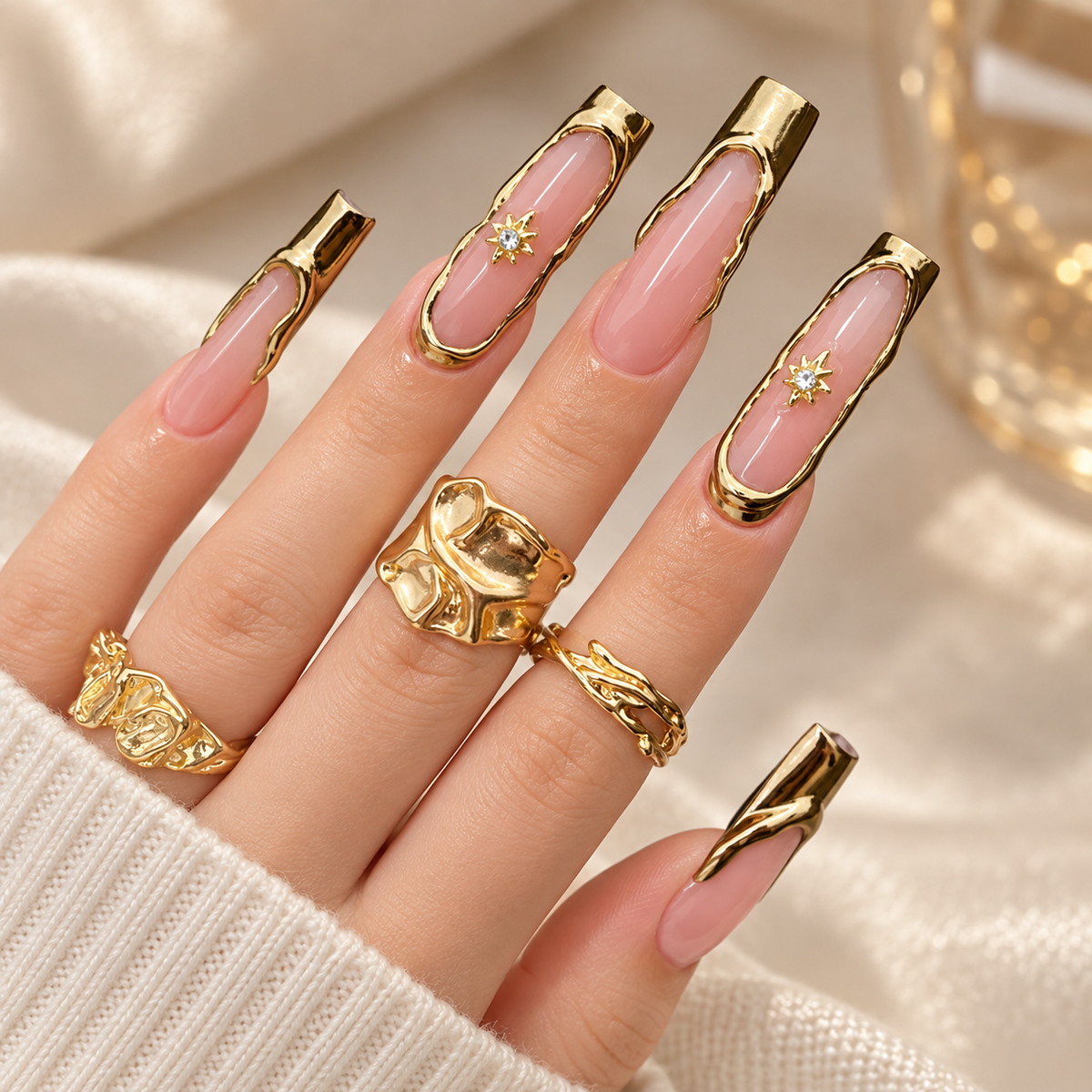 Golden Star French Crystal Press On Nail Set