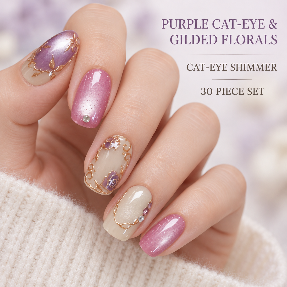 Moonlit Purple Gilded Floral Cat Eye Press On Nail Set