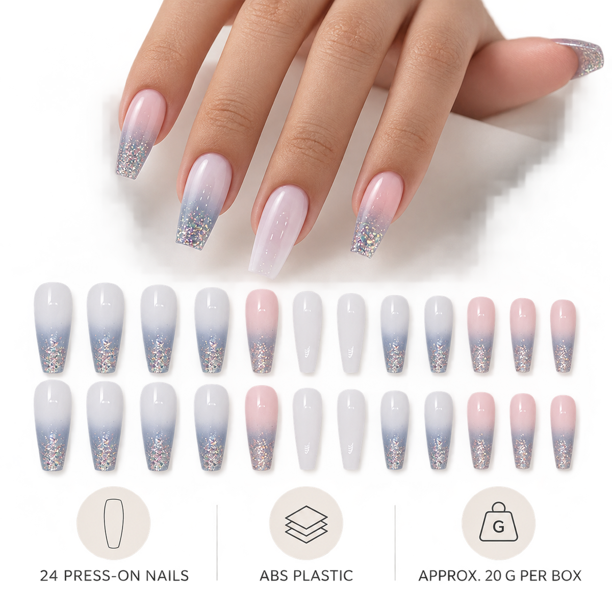Blue Pink Gradient Glitter Ballerina Press On Nail Set