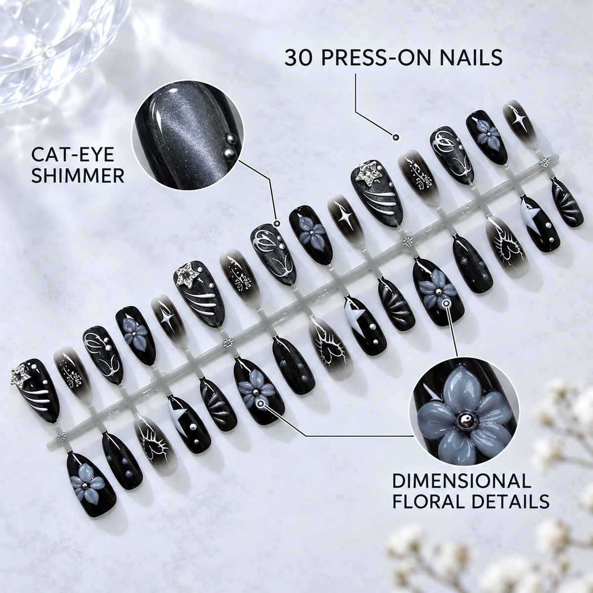 Midnight Garden Cat Eye Press On Nail Set