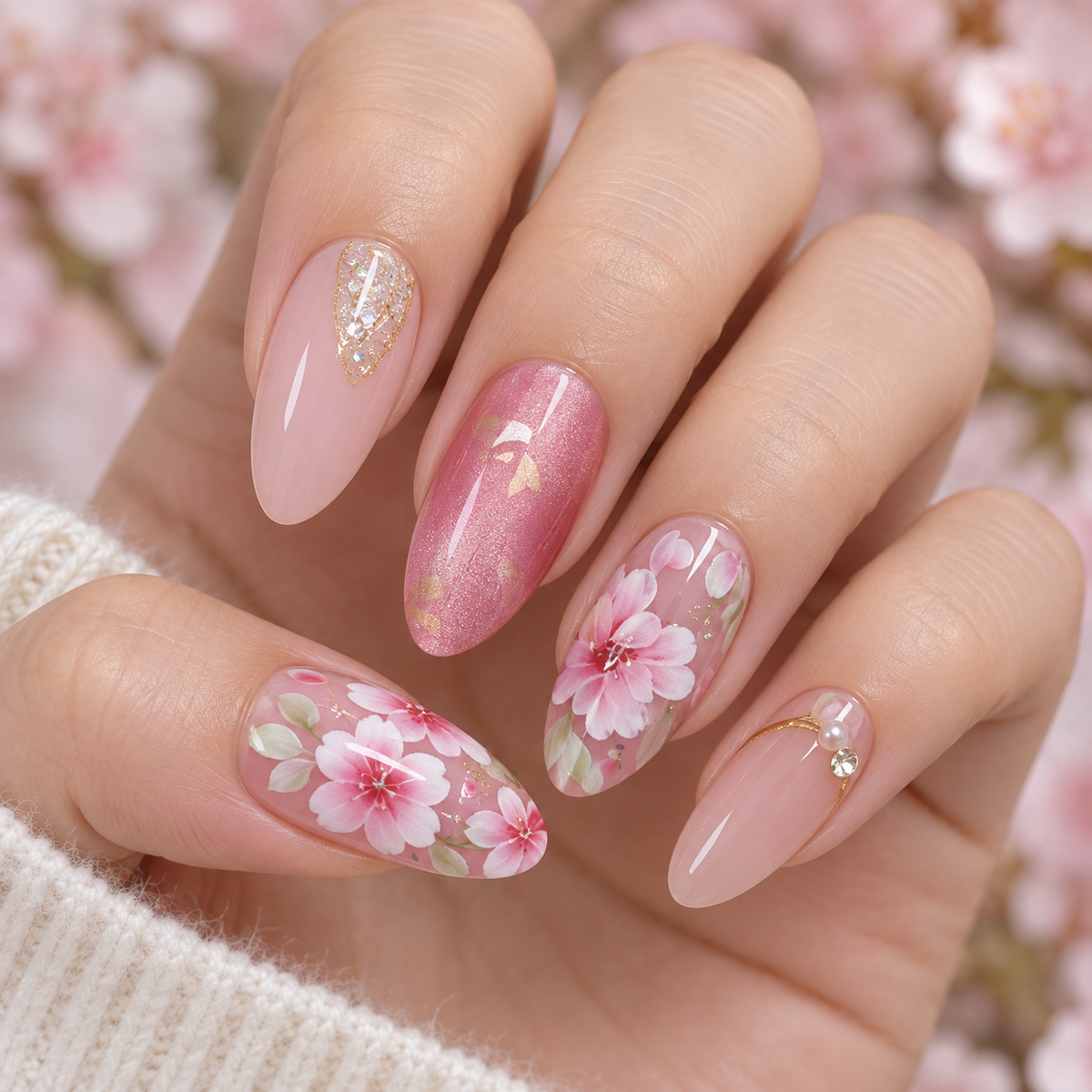 Peach Blossom Cat Eye Rhinestone Press On Nail Set