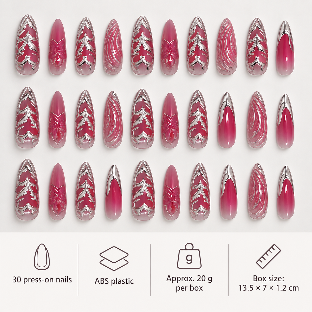 Silver Feather Liquid Chrome Wave Press On Nail Set