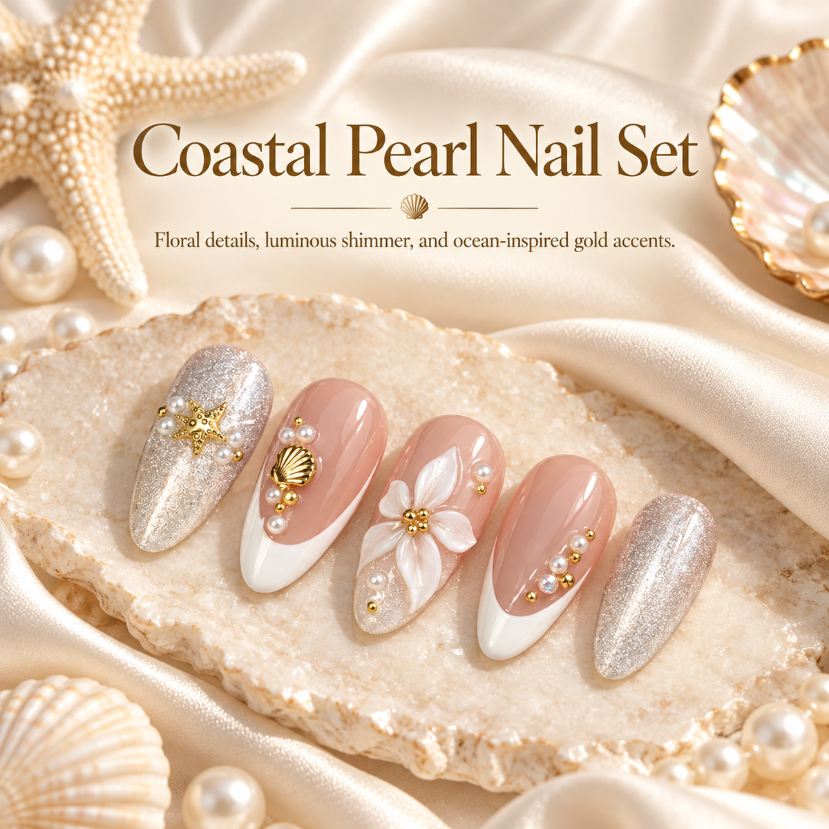 Ocean Wave Floral Shell Press On Nails - image 3
