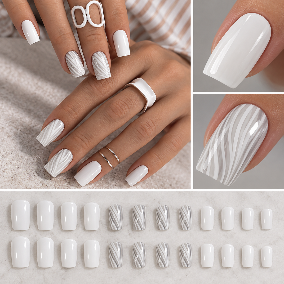 Gray White Woodgrain Hills Press On Nail Set