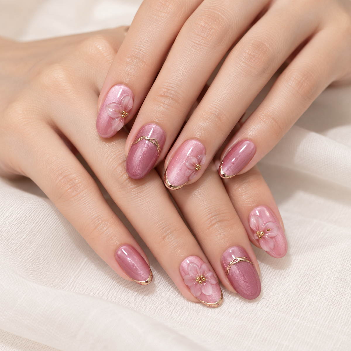 Pink Purple Gilded Floral Cat Eye Press On Nail Set